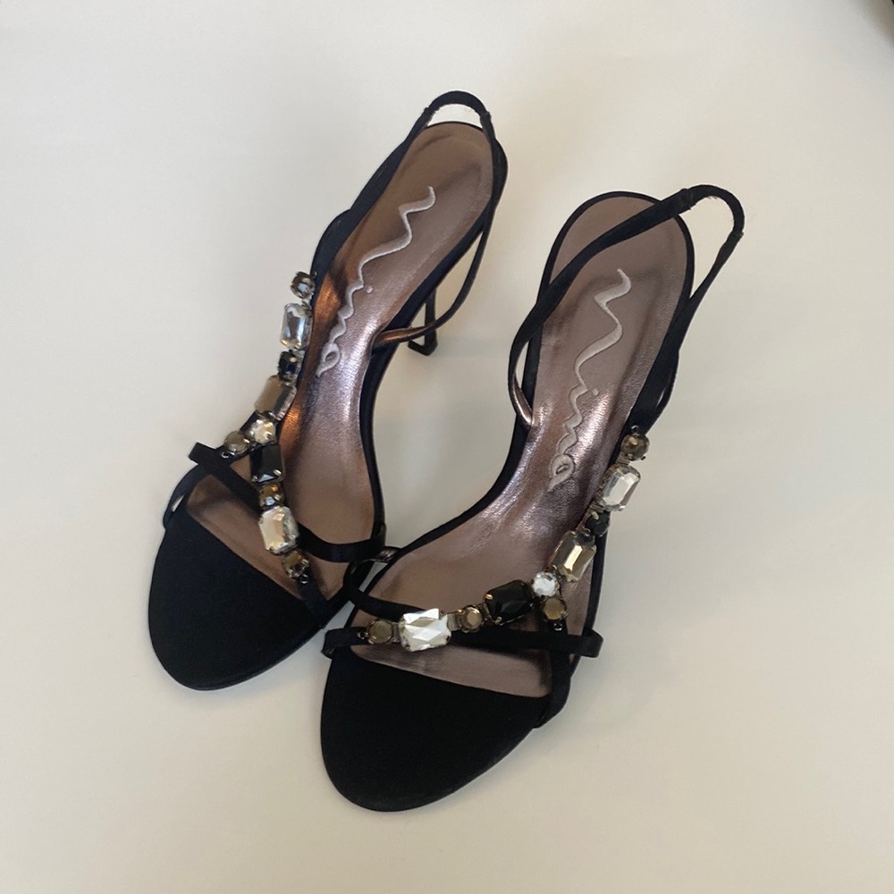 Nina Black Strap Women’s 9 Heels with Gemstones